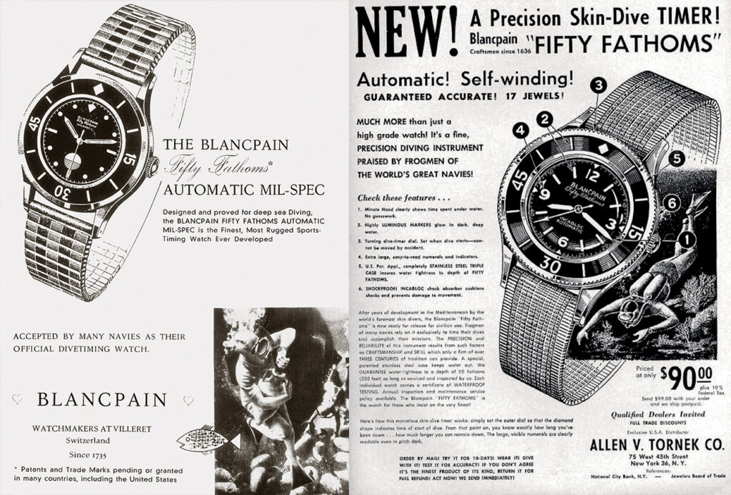 Vintage Advertising featuring the Blancpain Fifty Fathoms.