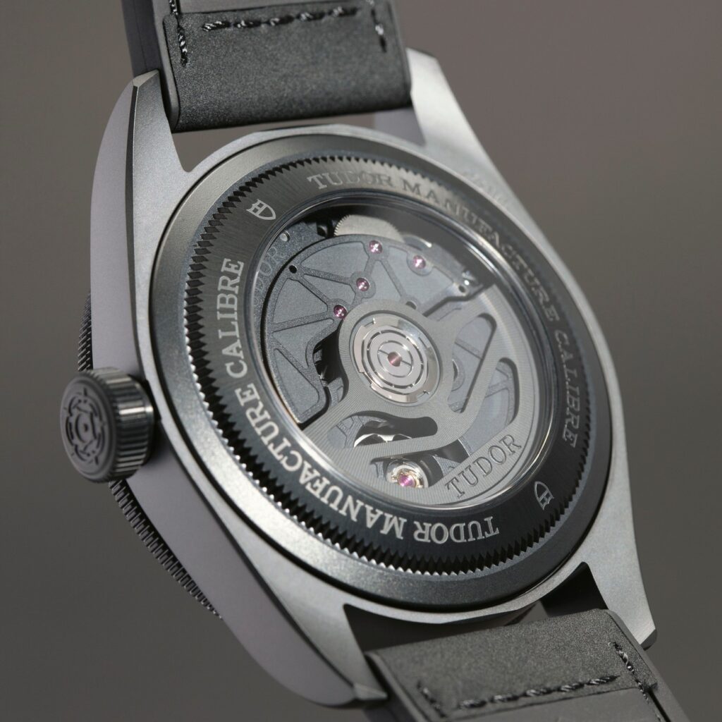 The Tudor Black Bay Ceramic display back and in house movement.