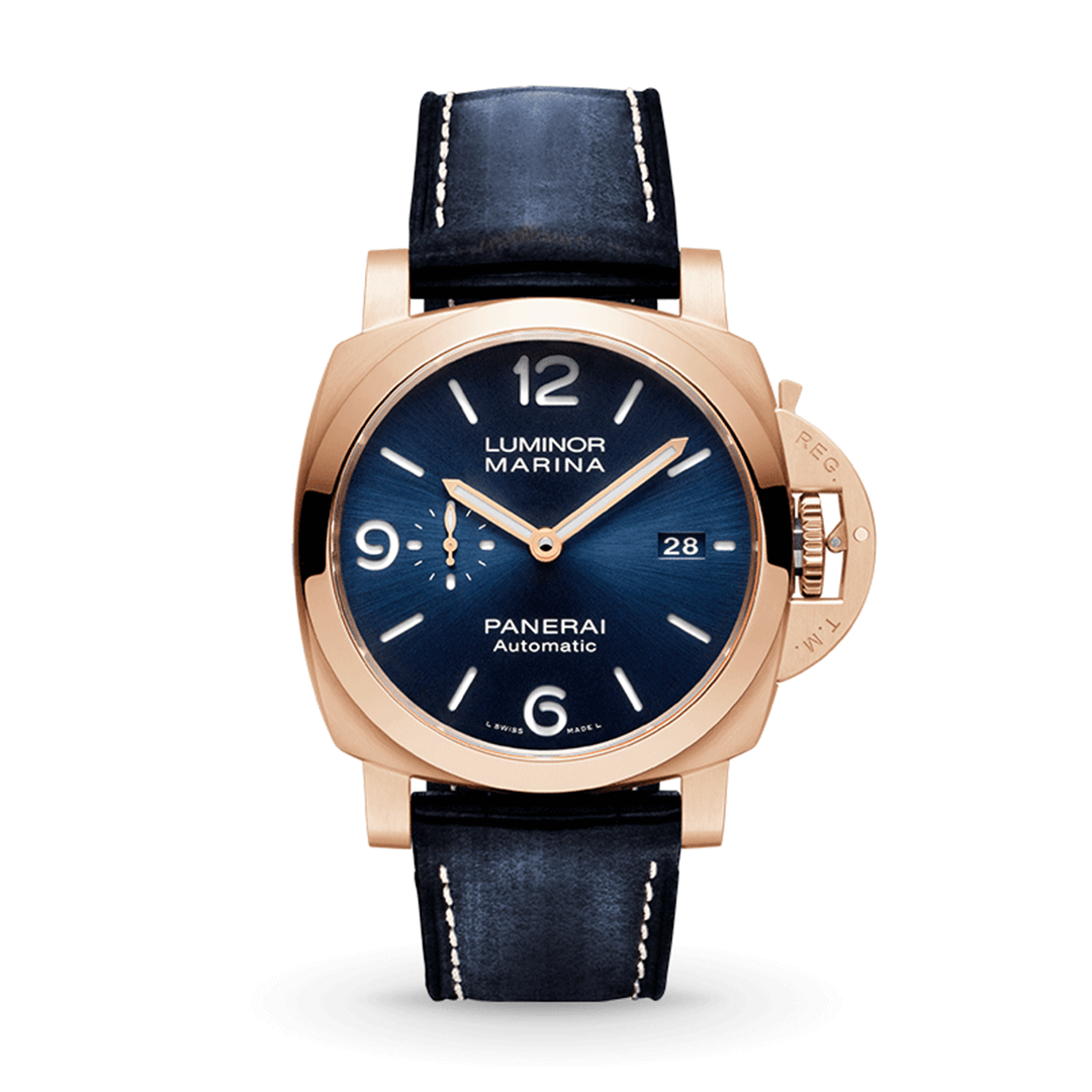 Panerai Luminor Marina Goldtech™ Sole Blu - 44mm PAM01112 Shop Panerai at Watches of Switzerland Sydney, Barangaroo, Perth Boutiques and Online.